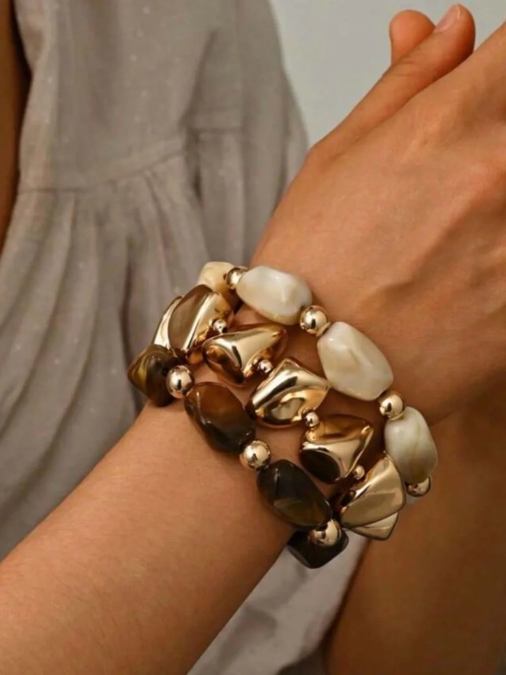 Three-Row vintage Stretch Bracelet Set in Cream, Brown & Gold Tones